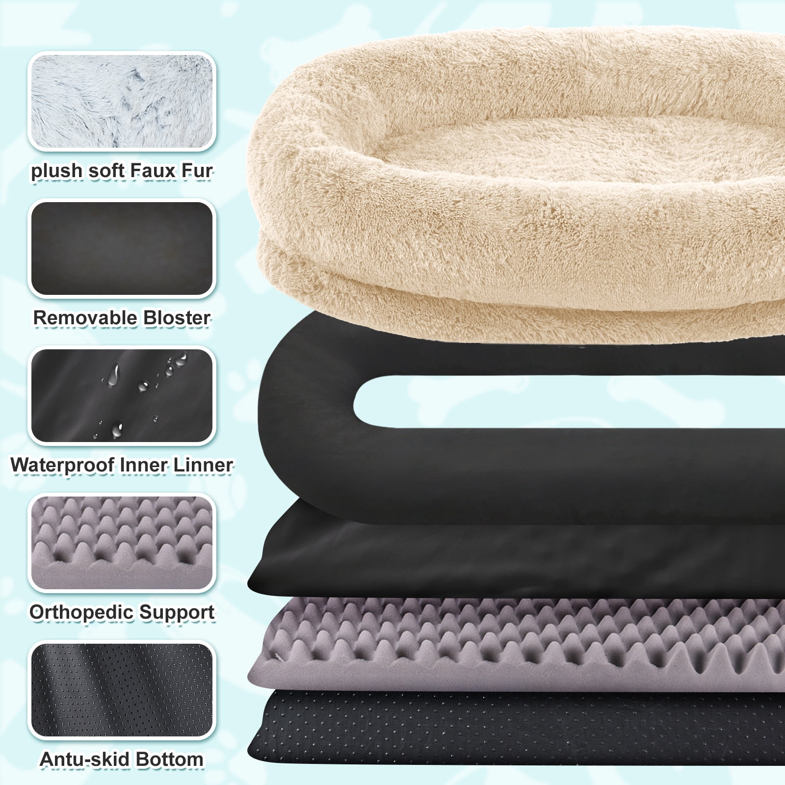 Dokdogs Oversized Human Dog Bed for Adults & Pets, 70"x44"x11" Washable Faux Fur Lounger with Orthopedic Support, Plush Pillow & Blanket Included - Beige