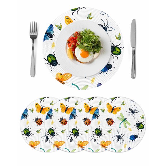 Spring Butterfly Dragonfly Round 15 Inch Placemats Set of 4, Farmhouse Botanical Floral HeatResistant Non Slip Place Mats for Dining Table, Wipeable Braided Kitchen Table Mats for Housewarming