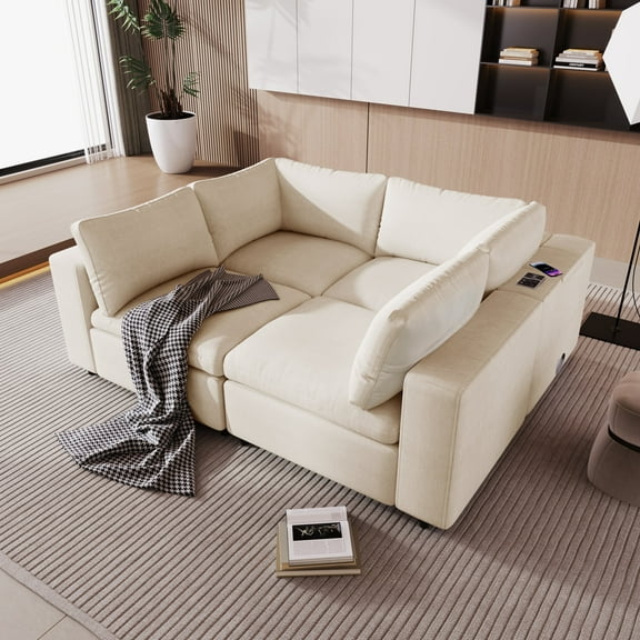 Harper & Bright Designs Modular Sectional Sofa with USB Charge Ports, Upholstered 4 Seater Free combination Couch with Wireless Charging and Built-in Bluetooth Speaker in Arm for Living Room, Beige