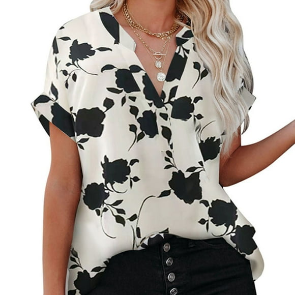 Women Summer Tops Flower Prints V Neck Short Sleeve Elegant Loose Women's Casual Shirt for Party Office Travel Apricot S