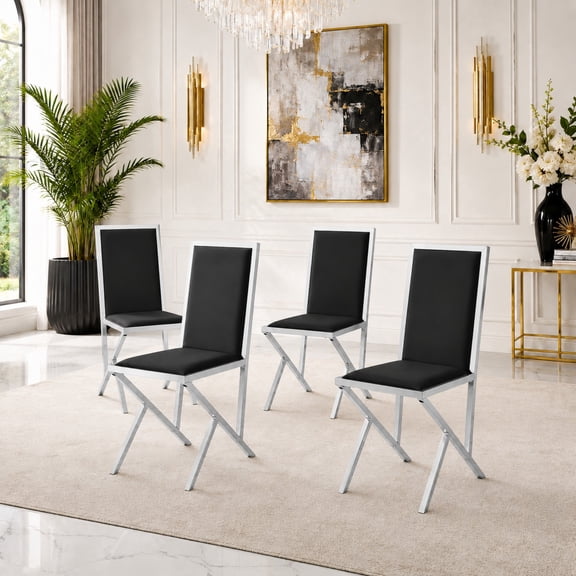 Dining Chairs Set of 4 Black PU Leather Silver Metal 36.2" for Kitchen