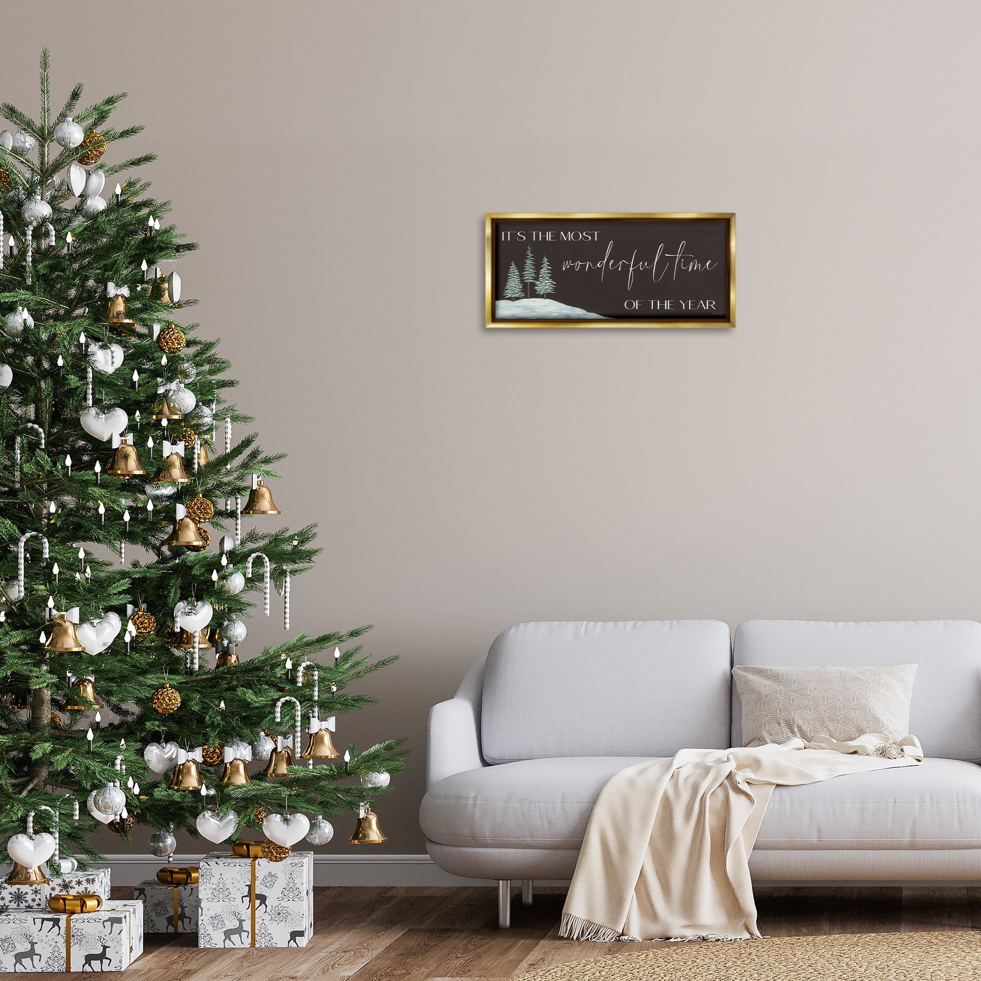 Stupell Industries Most Wonderful Time Holiday Phrase Inspirational Painting Gold Floater Framed Canvas Art Print Wall Art, 25 x 11