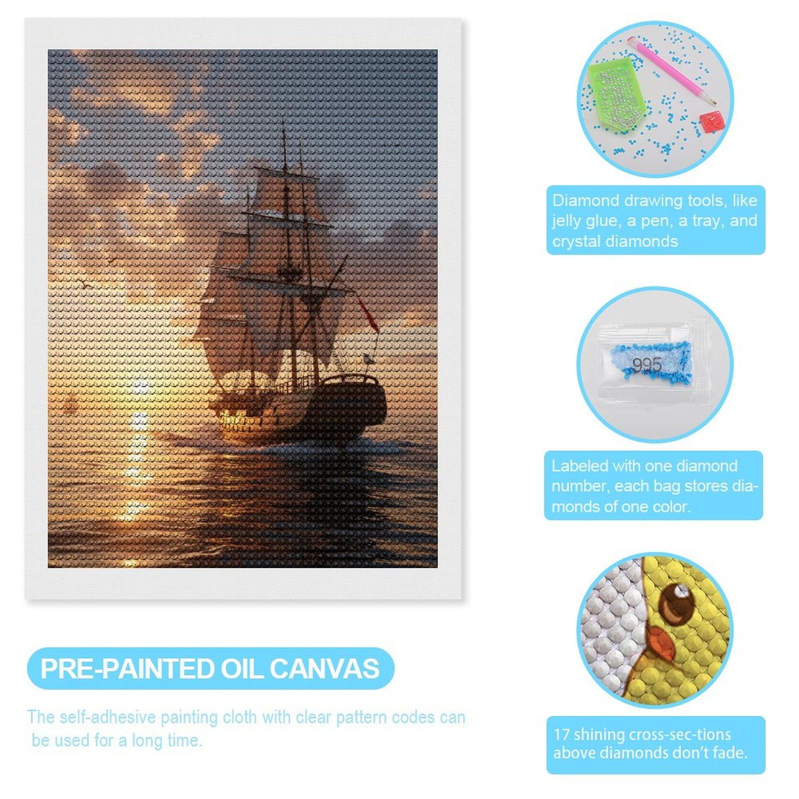 Diamond Art Kits for Adults, Sailing Ship Sunset Ocean Voyage 5D Diamond Painting Kits for Adults Beginners, DIY Full Drill Diamond Painting, Gem Art and Crafts 12x16