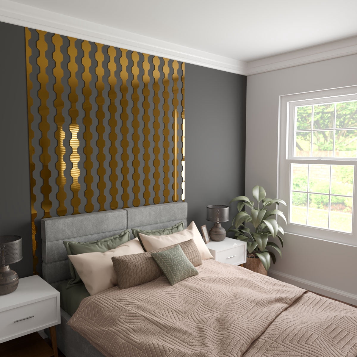 Ekena Millwork 47"H x 1/8"T Pontiac Adjustable Acrylic Decorative Slat Wall Panel Kit, Gold Mirror (contains 16 Slats + 1 Straight Edge Starter Slat)