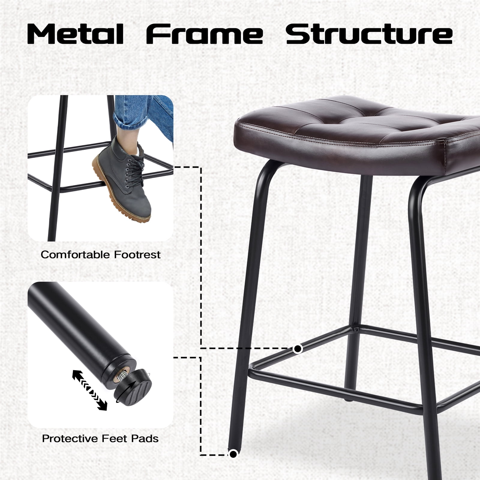 25" Saddle Counter Stools Set of 2, Tufted Faux Leather Counter Height Bar Stools with Metal Legs for Kitchen Island, Black Brown
