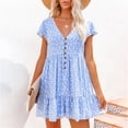 thumbnail image 3 of Women Flutter Short Sleeve Sexy V-Neck Button Front Chiffon Mini Swing Dress Boho Floral Ruffle Hem A-Line Sundress, 3 of 12