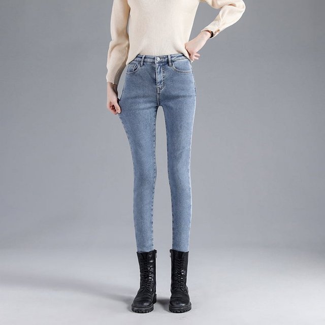 Pantalones vaqueros de terciopelo gruesos y cálidos para mujer, pantalones pitillo elásticos ajustados informales de cintura alta para mamá, para invierno