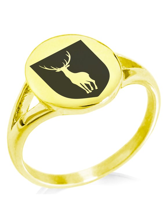 Stainless Steel Stag Purity Coat of Arms Shield Minimalist Oval Top Polished Statement Signet Ring