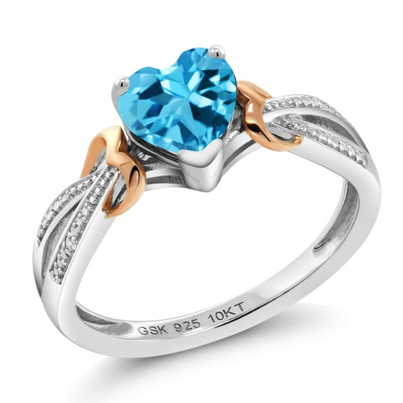 Gem Stone King 925 Silver and 10K Rose Gold Swiss Blue Topaz and Diamond Ring for Women (0.96 Cttw, Heart Shape 6MM, Gemstone Birthstone, Available in Size 5, 6, 7, 8, 9)