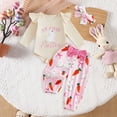 thumbnail image 2 of CAICJ98 My First Easter Baby Girl Outfit Ruffle Long Sleeve Embroidery Bunny Romper Bodysuit Carrot Rabbit Floral Pants Set Infant Spring Clothes (Beige,12-18 Months), 2 of 7