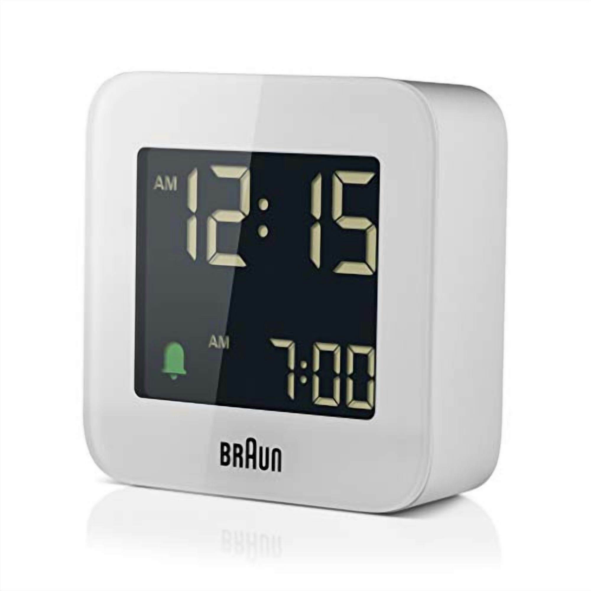 Braun BC08W: Sleek White Digital Travel Alarm Clock with Snooze, Negative LCD Display, and Quick Set