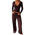 thumbnail image 2 of Women's V Neck Ribbed Crop Long Sleeve Top Drawstring Wide Leg Pants Two Piece Set Brown S, 2 of 9