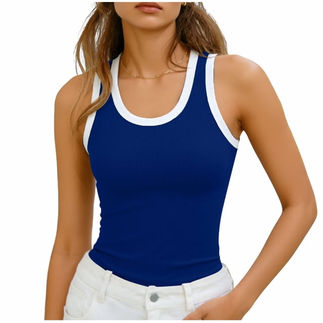 cfhntfmh Women's Scoop Neck Ribbed Tank Top Basic Sleeveless Racerback Tops Summer Trendy Slim Fit Shirts