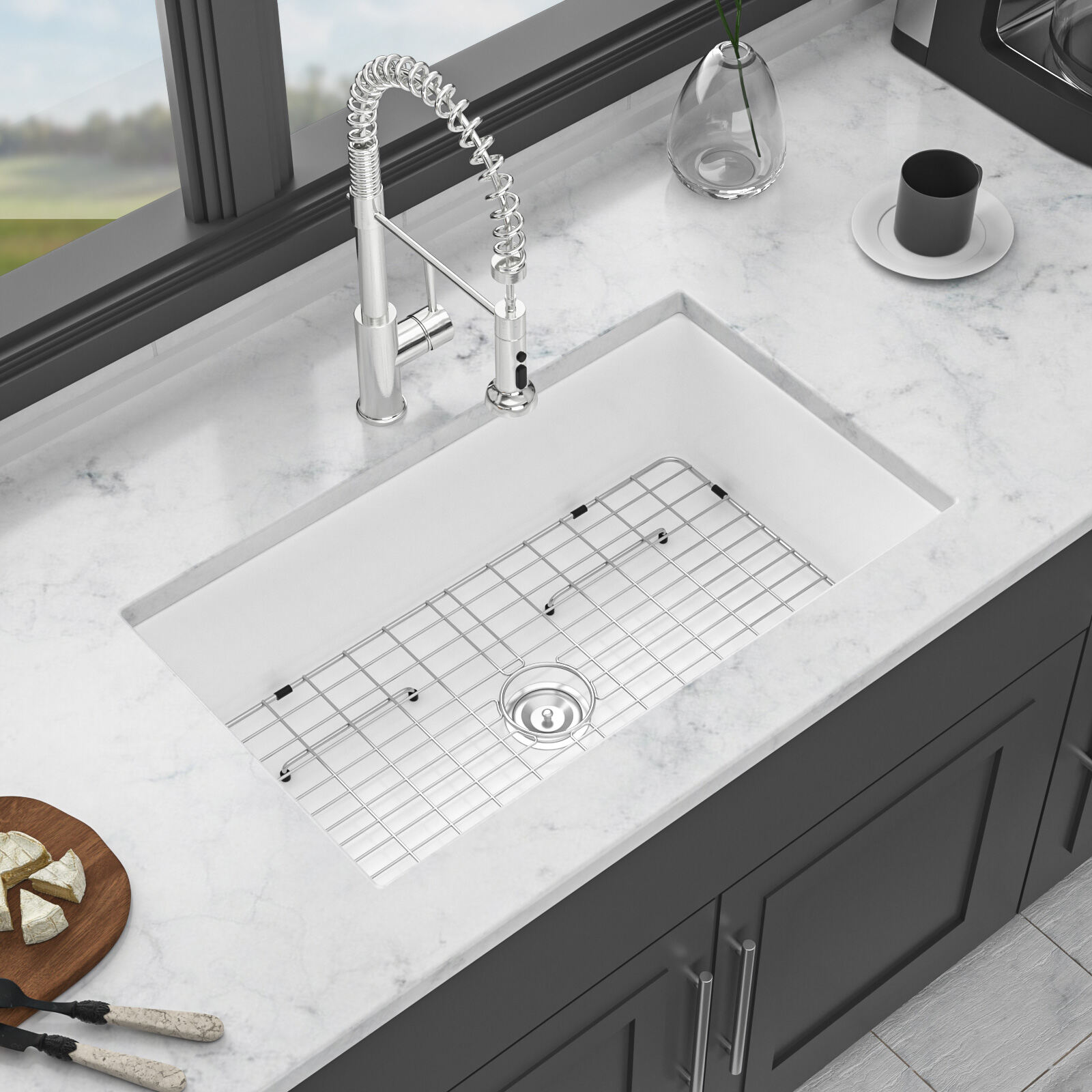 32" Undermount Single Bowl Ceramic Kitchen Sink, Dual Mount White Farmhouse Sink with 10" Depth, Includes Stainless Steel Grid & Basket Strainer