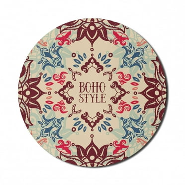 Flower Mouse Pad for Computers, Ornate Floral Vivid Traditional Boho Style Pattern, Round Non-Slip Thick Rubber Modern Gaming Mousepad, 8" Round, Maroon Beige Violet Blue, by Ambesonne