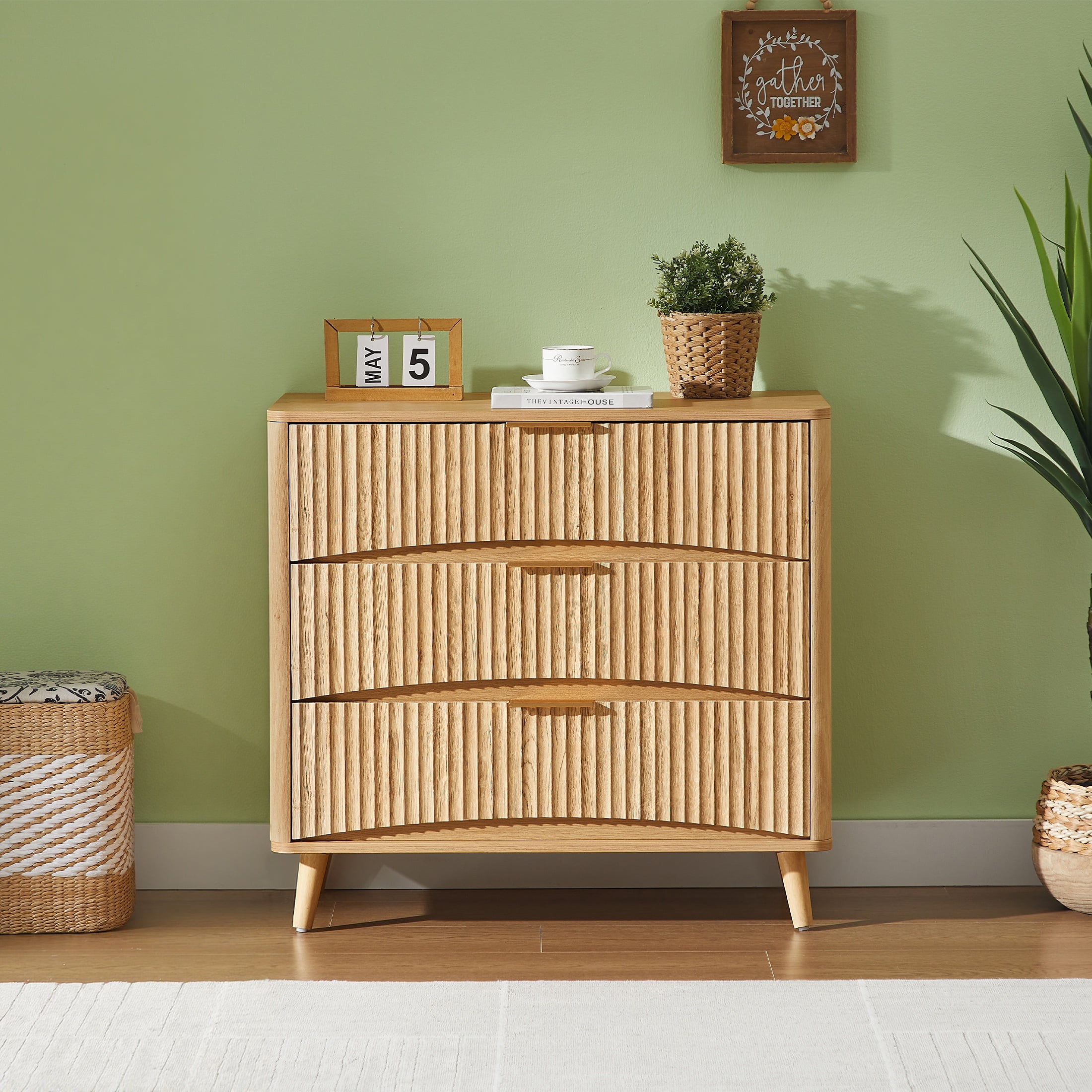 PORKISS Fluted 3 Drawer Dresser for Bedroom, 31.6" Mid Century Chest of Drawers with Curved Fronts, Wood Small Dresser with Metal Handles & Storage for Hallway Living Room Entryway, Oak