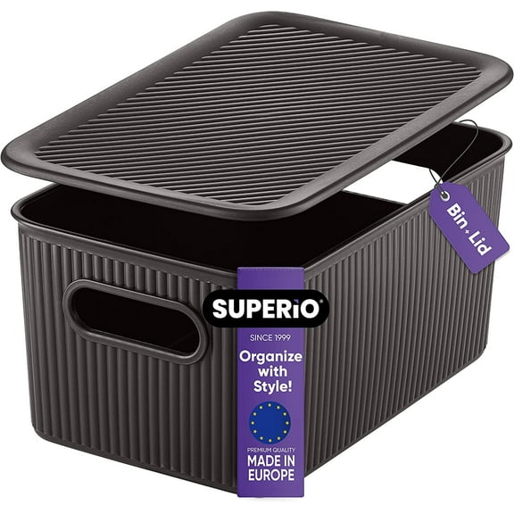 Superio 5L Small Brown Ribbed Storage Bin with Lid, Plastic Storage Basket