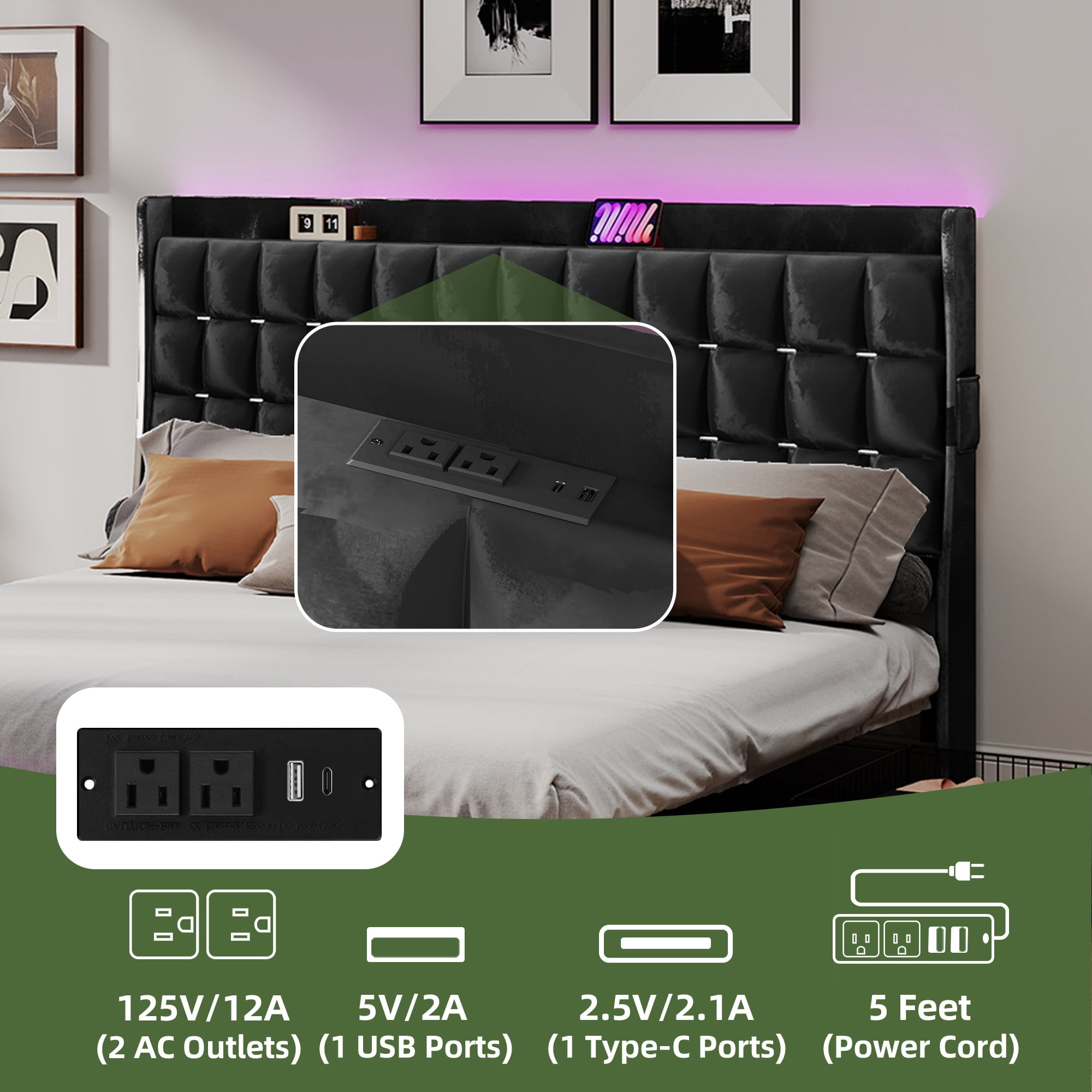 Uforic Upholstered Bed Frame with Charging Station & Drawers, King Size Bed Frame with LED Lights, Black
