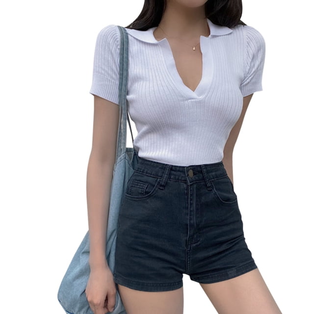 Camisa de mujer Blusa de manga corta con cuello en V profundo Top corto de punto sexy, Blanco Methold AP001386-01B