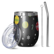 12oz Stemless Wine Tumblers Black Christmas Ornament Pattern Vacuum Insulated Stainless Steel Travel Tumbler Cups Mug with Lid and Straw for Champaign,Cocktail,Beer with Cleaning Brush