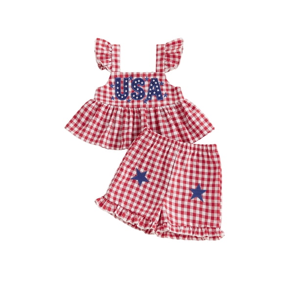 Cenuakty Little Girls Independence Day Outfits 6M 12M 18M 24M 2T 3T 4T Tops and Plaid Shorts Set