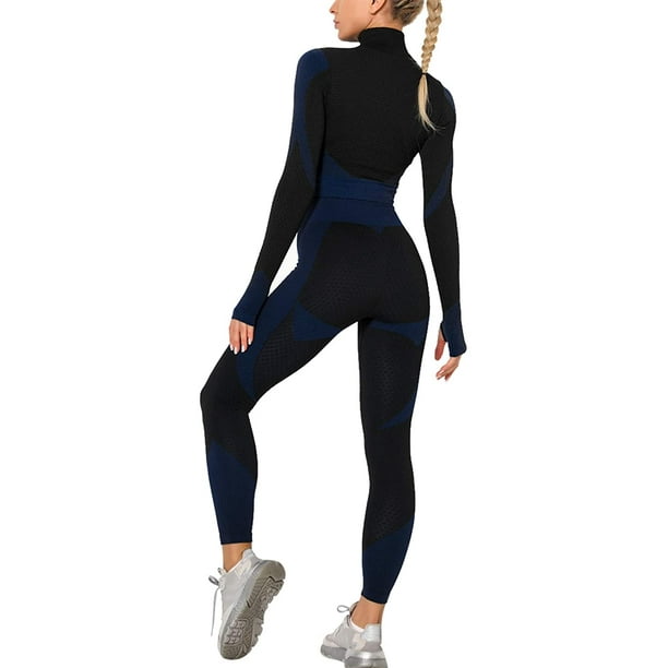 Survêtement d'entraînement pour femme 2 pièces ensemble leggings taille  haute et haut court à manches longues Yoga Activewear avec fermeture à  glissière avant 