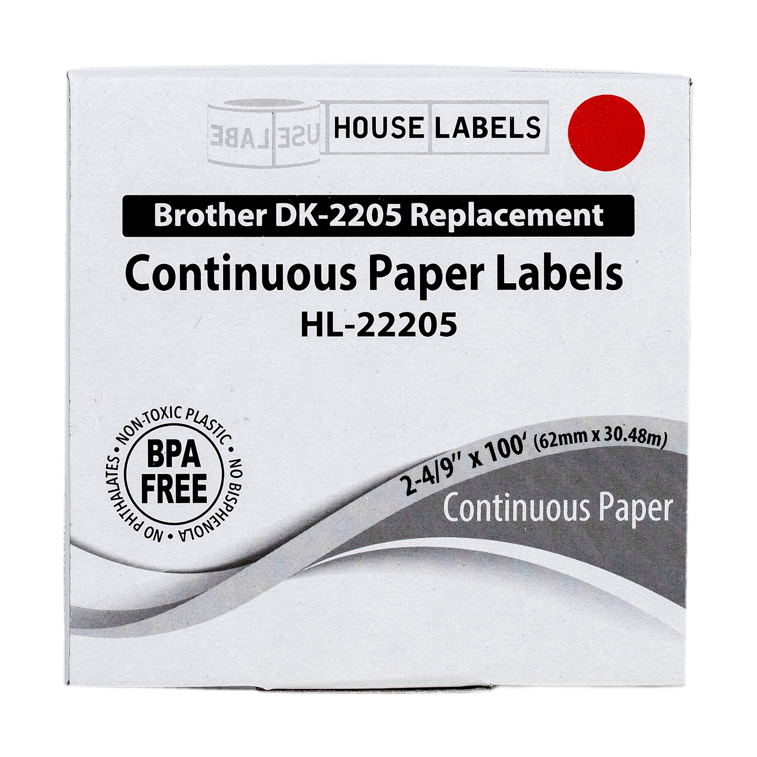 HOUSELABELS Compatible with DK-2205 Replacement Roll for Brother QL Label Printers; RED Continuous Length Labels; 2-4/9" x 100 feet (62mm*30.48m) - 6 Rolls