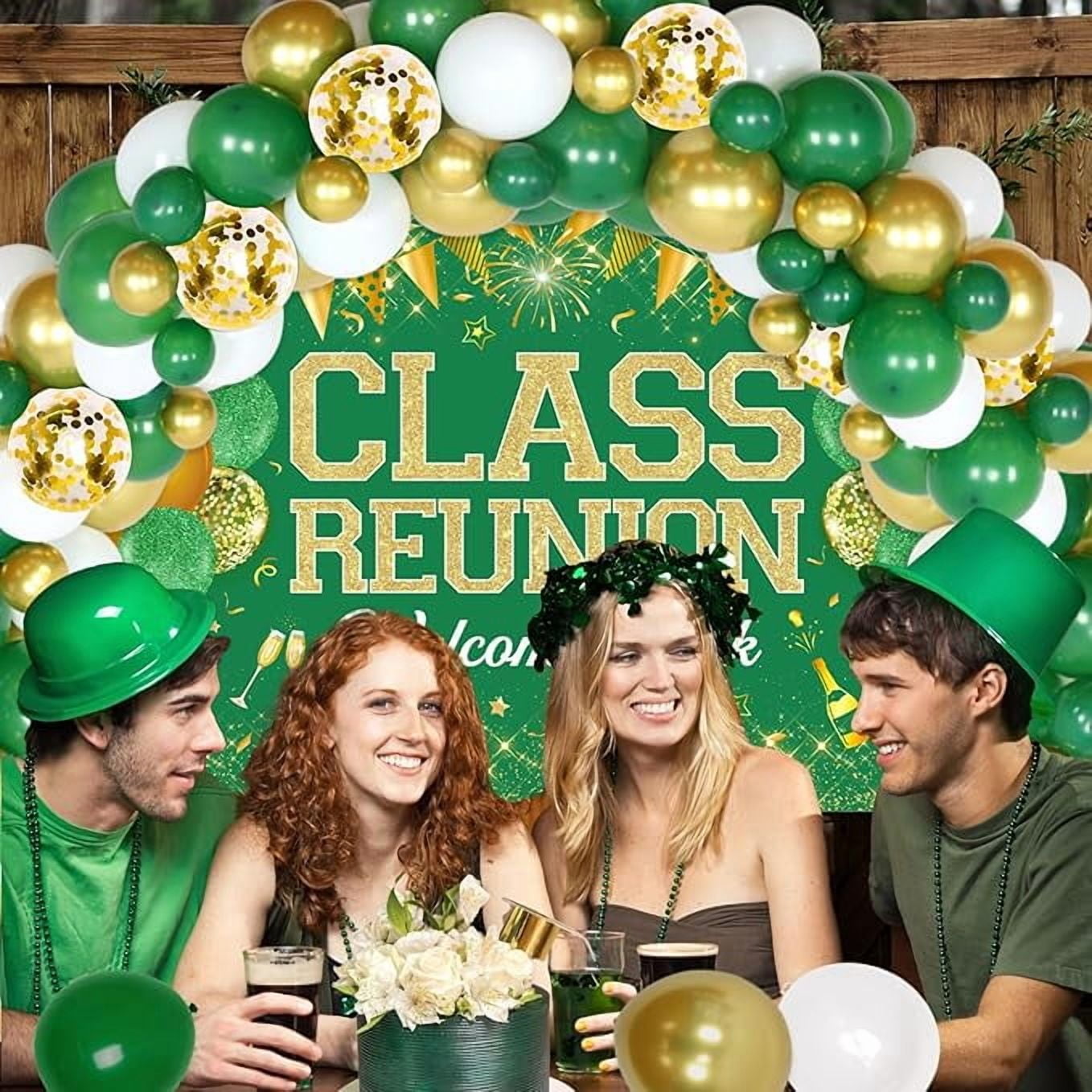 Class Reunion Party Decorations Green and Gold - Balloon Garland Arch Kit with Welcome Back Class Reunion Backdrop, High School Reunion Party Photography Background Supplies