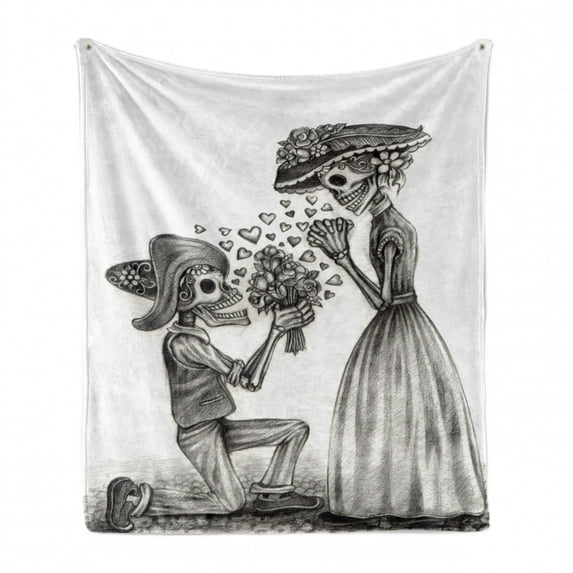 Day of the Dead Soft Flannel Fleece Throw Blanket, Mariage Proposal Till Life Do Us Apart Dead Day Art Print, Cozy Plush for Indoor and Outdoor Use, 50" x 70", Dimgrey and White, by Ambesonne