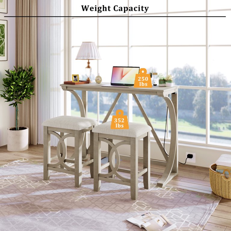 Small Kitchen Island Set With 2 Stools - Farmhouse Style, Solid Wood, Space Saving