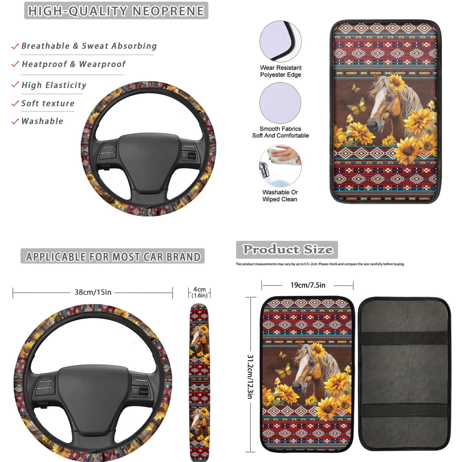 Jeiento Western Horse Car Accessories Sets with Car Seat Covers Car Floor Mats Steering Wheel Cover Seatbelt Pad Auto Armrest Cover Coasters Keychains Lipstick Holder Aztec Interior Decor 17 Pack