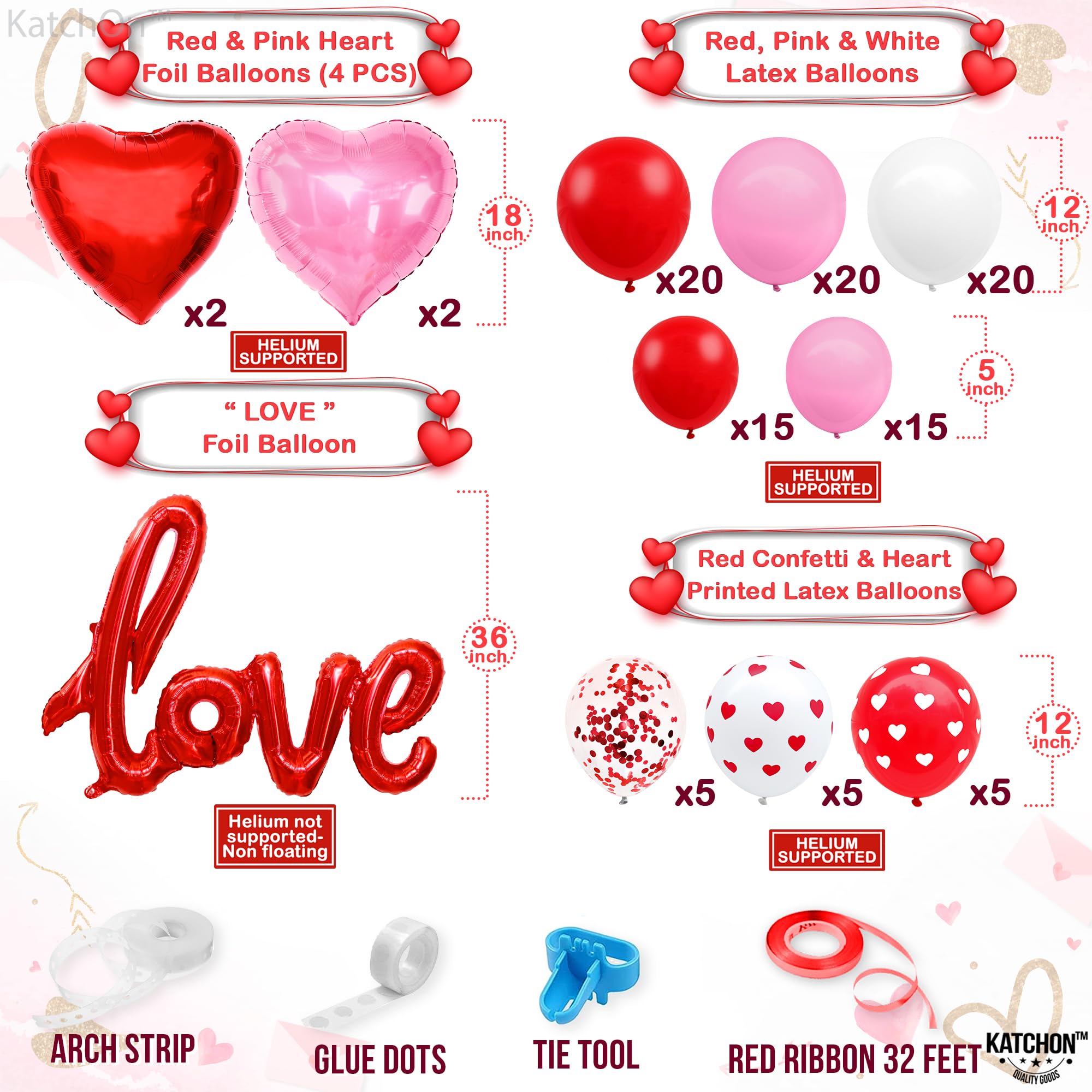 KatchOn, Valentines Day Decorations Arch Set - Pack of 115 | Happy Valentines Day Banner 12 Feet, No DIY with Love Balloons Script | Heart Balloons, Valentines Day Decorations