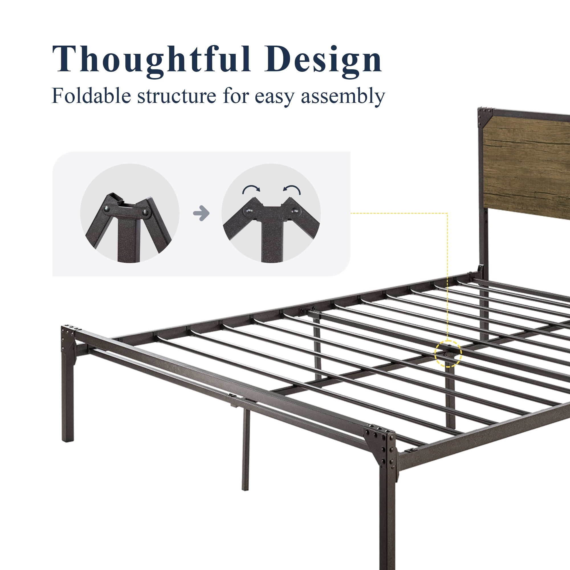 Allewie Queen Size Industrial Platform Metal Bed Frame with Wooden Rivet Headboard, Brown