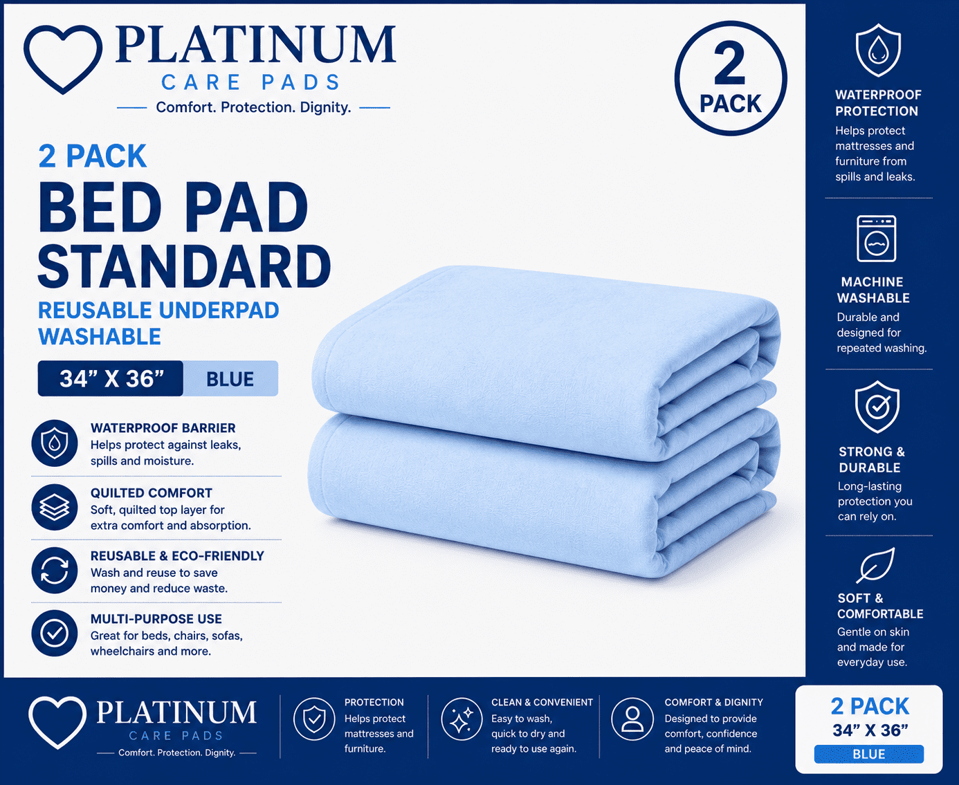 Platinum Care PadsTM 2 Pack, Bed Pad Heavy Duty Reusable Underpad Washable 34" x 36" Blue