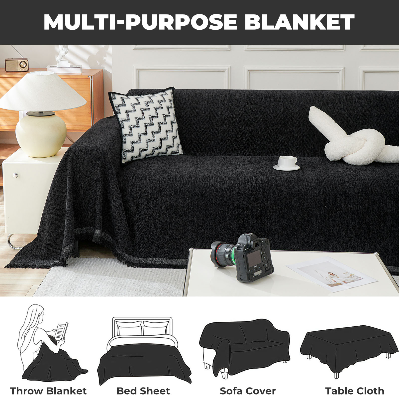 Sanmadrola Sofa Cover Non Slip Couch Cover for 3 Cushion Couch Machine Washable Furniture Protector for Dogs Pet Chenille Throw Slipcover Blanket for Living Room (Black, 71"x118")