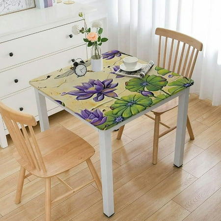 

FACANNAP Purple Flowers Dragonfly Green Leaves Square Tablecloth Oil Resistant Wear Resistant Reusable Desktop Protection with Elastic Edge 100% Polyester Fiber 52*52