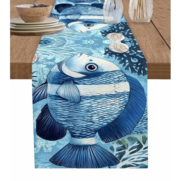 Summer Ocean Blue Table Runner 70 Inches, Coastal Watercolor Fish Coral Bed Runner Dresser Scarves Tabletop for Indoor Outdoor Parties/Ceremony/Banquet, 13" x 70"