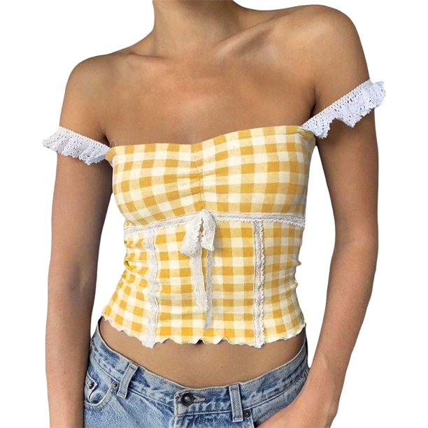 Conjunto de lencería Top corto a cuadros sexy, camisetas ajustadas, jersey para mujer, ropa de fiesta para discoteca Kuymtek Amarillo T M para Mujer