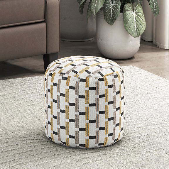 Upholstered Cylindrical Pouf, Multi-color, Non-slip, 16" X 17"h, 300lbs Max Weight Load, Spot Clean Multi-color Fabric Footstool Load