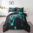 thumbnail image 2 of Full Size Gamer Comforter Set Gaming Bedding Set Video Game Room Decor,Neon Teal and Black Geometric Grid Bedding Comforter Sets,Breathable Game Console Quilt Bed Set 3Pcs, 2 of 7