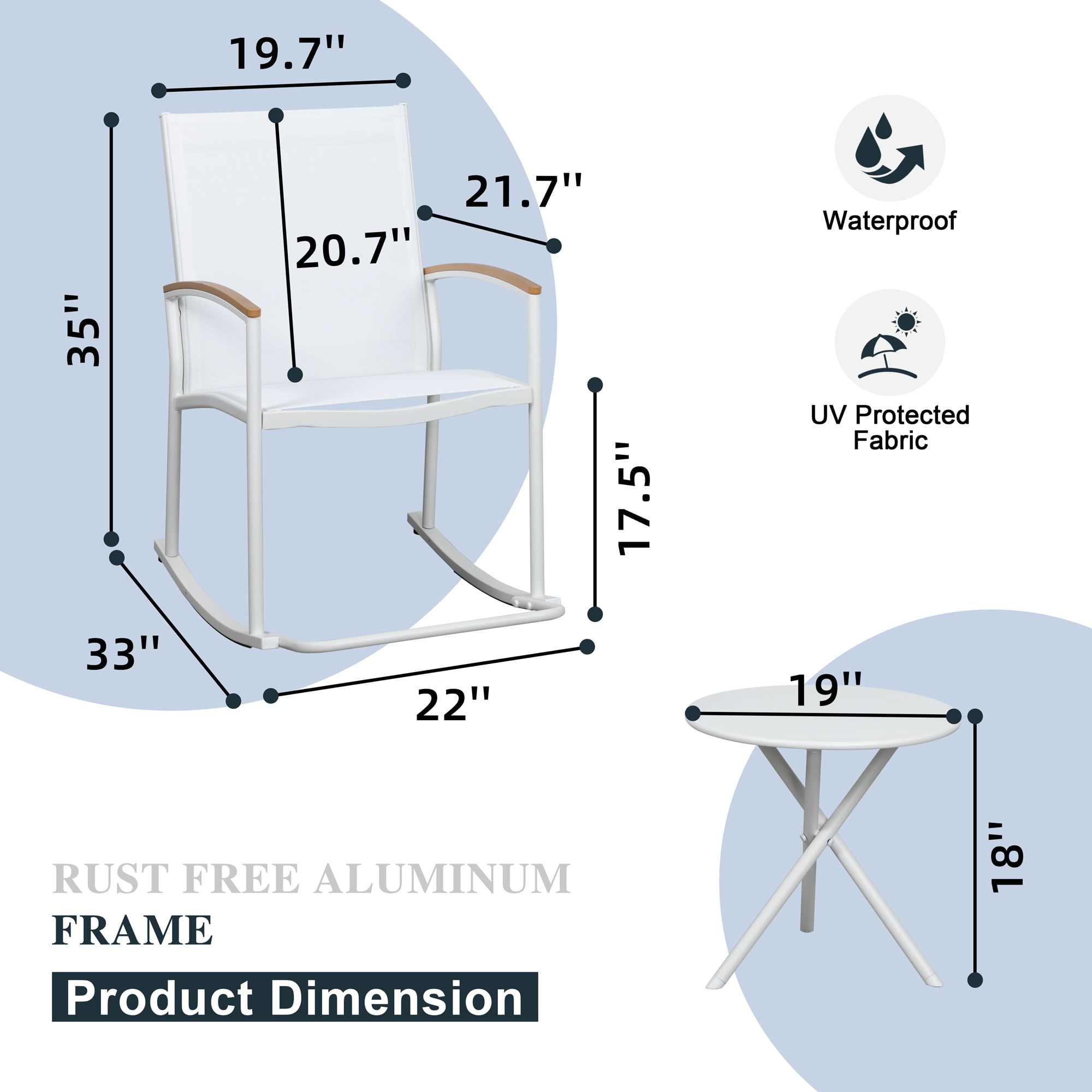Walsunny 3 Pieces Patio Set Outdoor Patio Furniture Sets Modern Rocking Bistro Set Textilene Chair Conversation Sets White