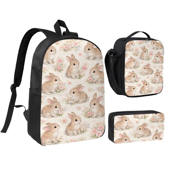 Floral Bunny Cute Rabbit Backpack Set 3pc ,Backpack with Lunch Bag and Bag 17 Inch