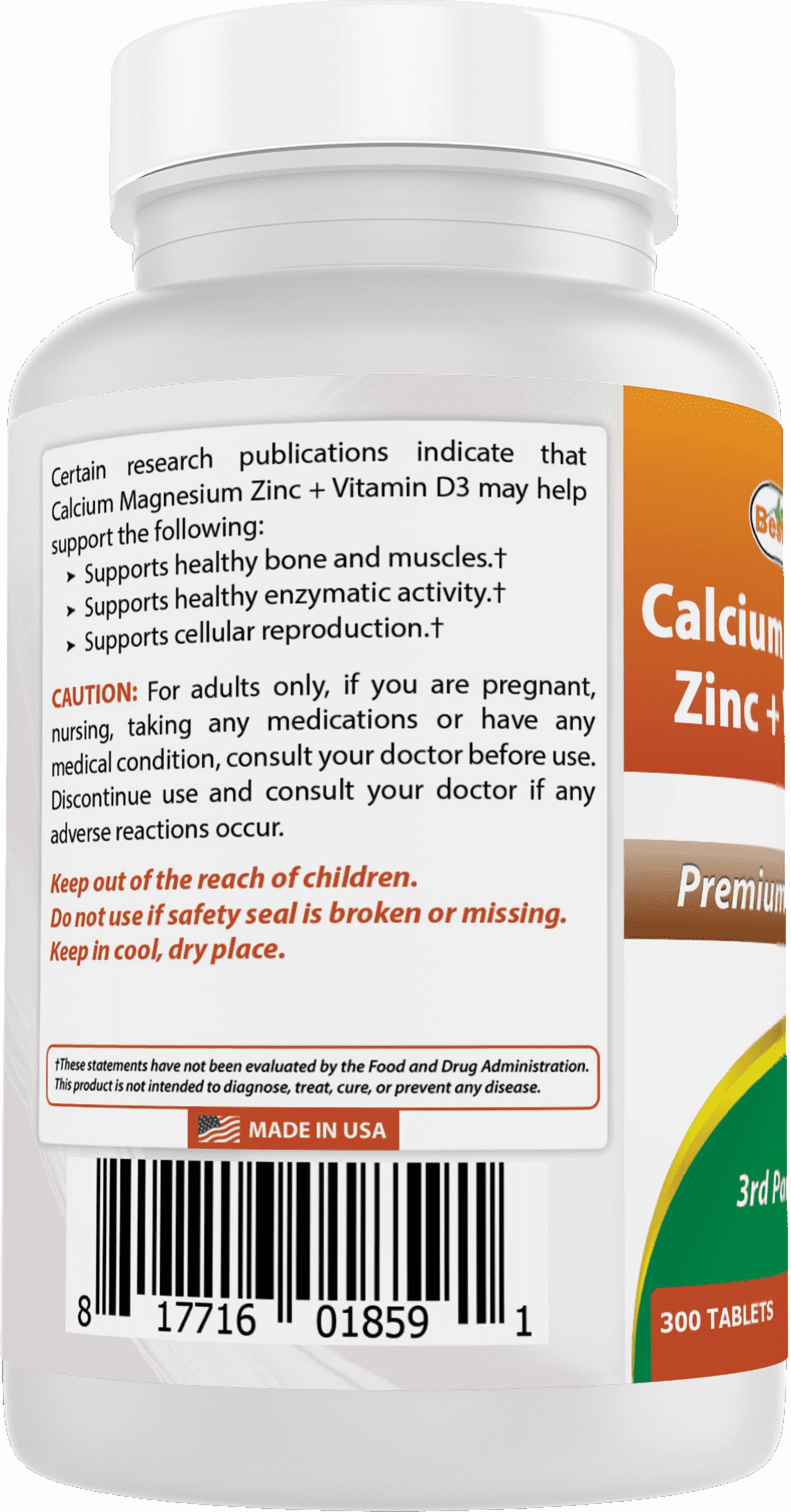 (2 pack) Best Naturals Calcium Magnesium Zinc with Vitamin D3, 300 Tablets - Calcium 1000 mg, Magnesium 400 mg, Zinc 25 mg & D3 600 IU per Serving (3 Tablets)