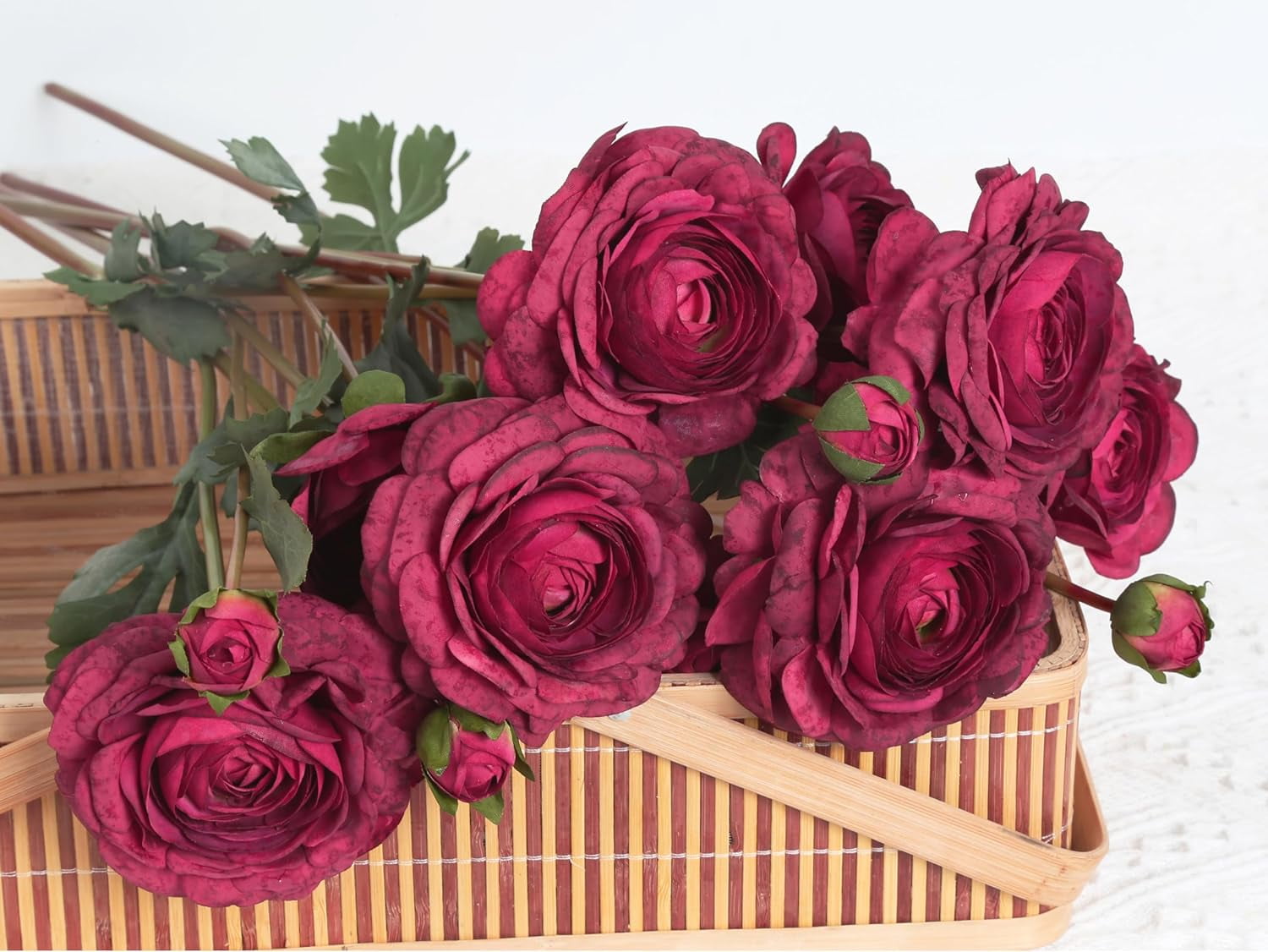 Burgundy Ranunculus Artificial Flower 5Heads '' Long Stems Silk Ranunculus Fake Buttercup Artificial Flowers for DIY Wedding Bouquets Home Kitchen Decorations (Burgundy)