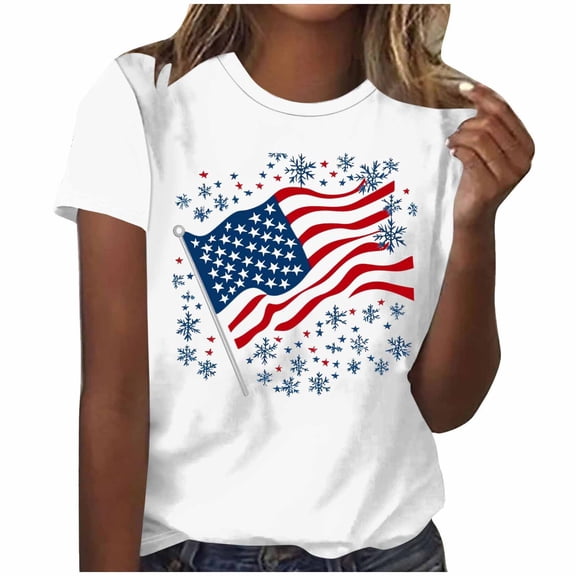 4th of July Tops for Women Short Sleeve Summer American Flag Print Shirts Crewneck USA Flag Patriotic Casual Tees Stars And Stripes Tee