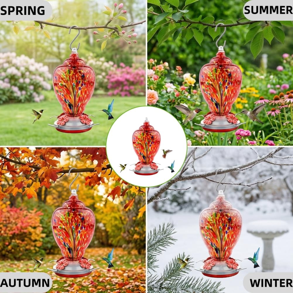 Hummingbird Feeder Red-Firework Hand Blown Glass 32 Ounce Outdoor Patio Use