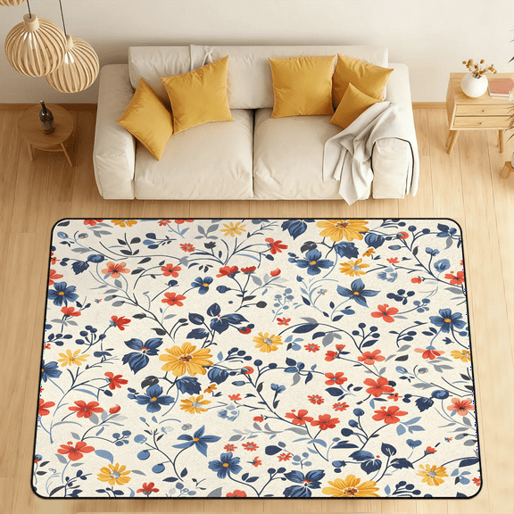 CURLYOOT Wildflower Area Rugs for Living Room Bedroom, 4' 10" x 6' 8" Washable Rug, Rustic Floor Carpet with Non Slip Backing for Dining Room Indoor