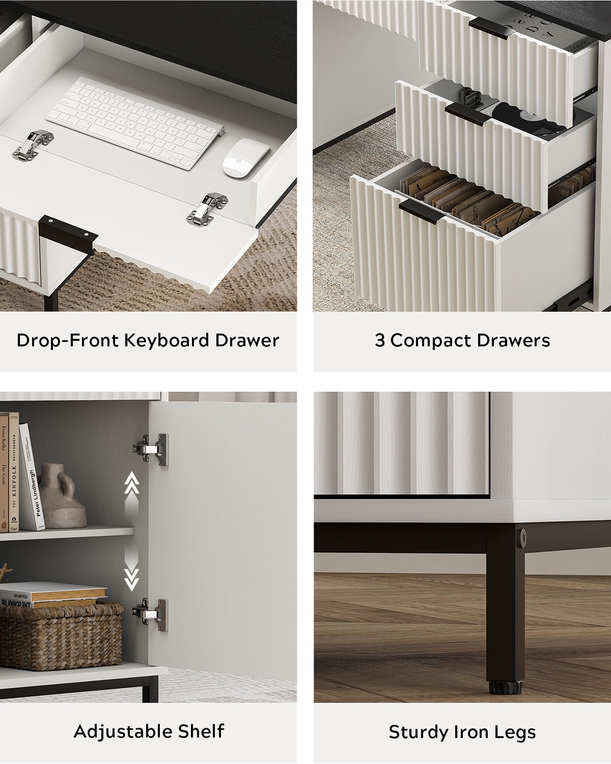 EYYTHUNG 55" Fluted Executive Desk, Modern Wood Computer Writing Desk Home Office Desk with Charging Station, Keyboard Tray, File Drawer, Storage Cabinet White