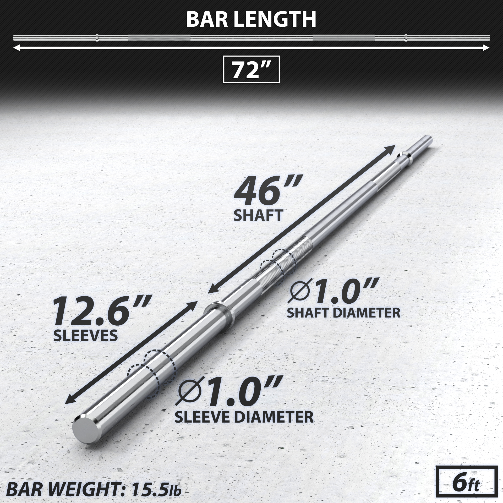 Synergee 1" Olympic Barbell Standard Weightlifting Barbell. 6-foot Bar Weighing 7.5 KG/16.5 LB. Compatible with 1”-Opening Plates.