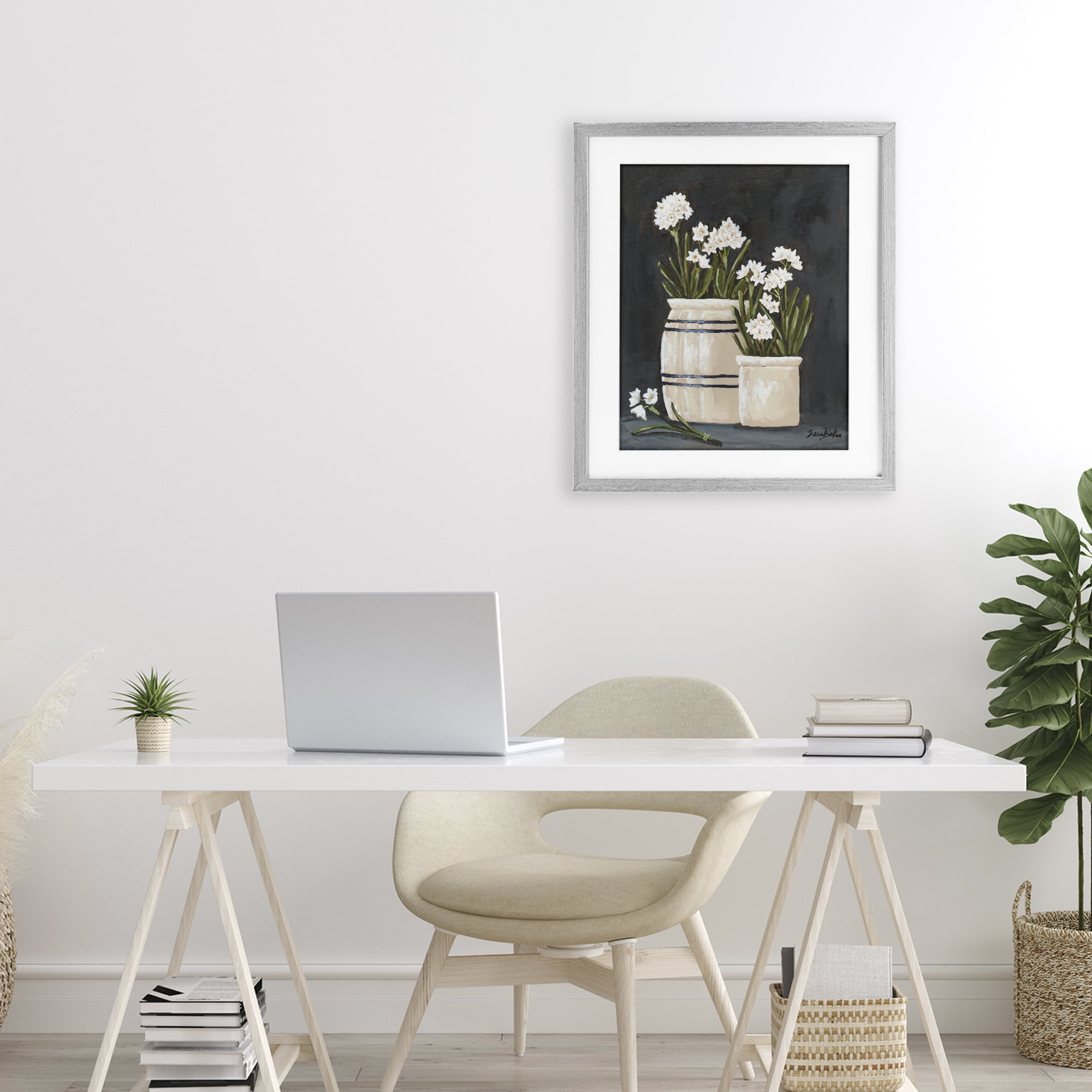 Stupell Industries Vintage Crocks & Paperwhites Gray Framed Print Under Glass, design by Sara Baker